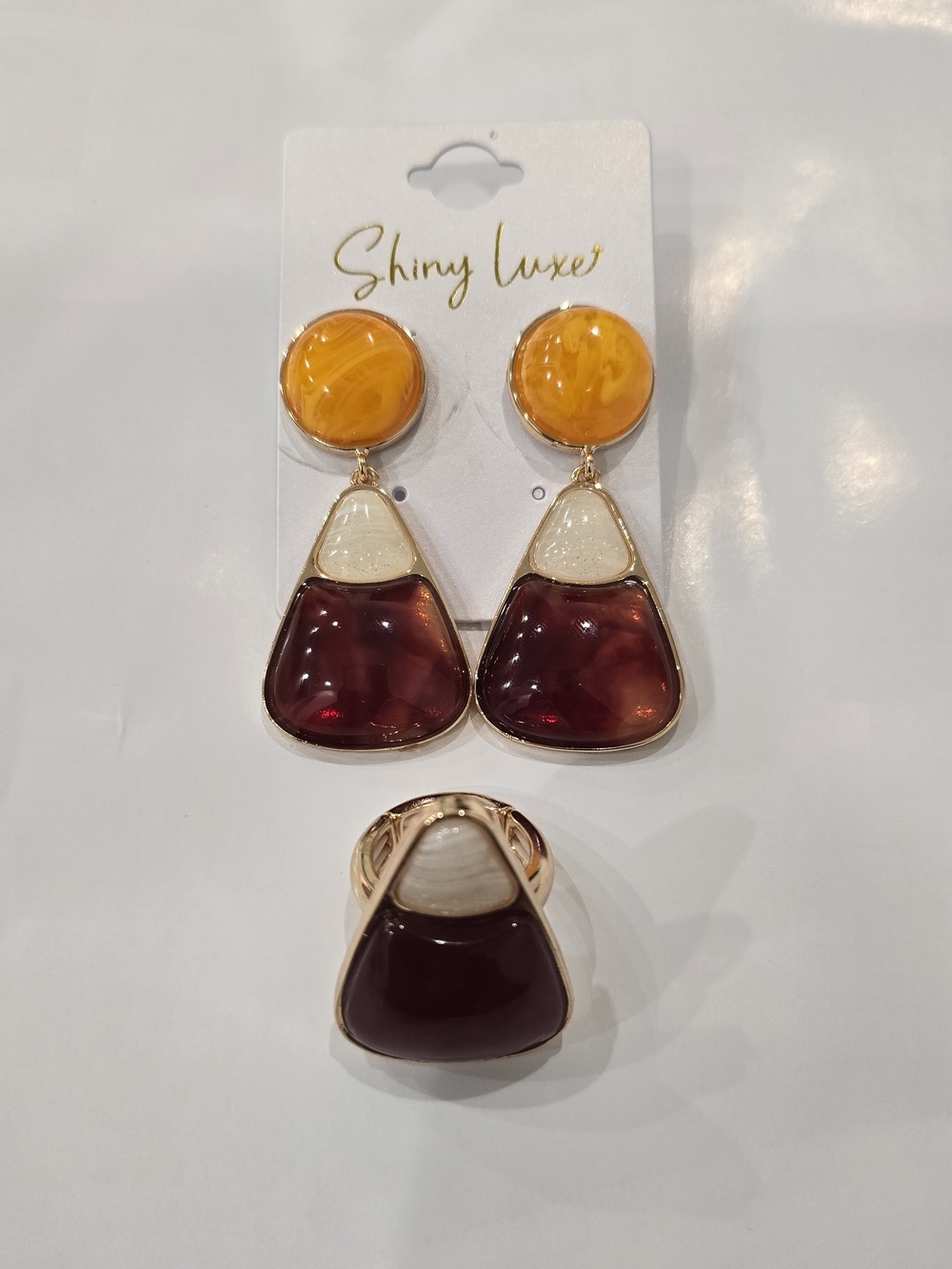 Women’s Yellow, Cream & Burgundy Statement Earring and Ring Set